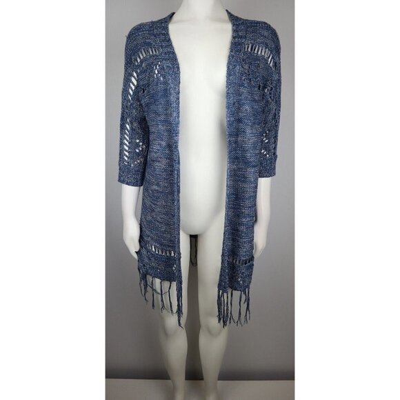 WOMEN'S BLUE 3/4 SLEEVE FRINGE CARDIGAN SWEATER - CONFESS - SIZE M - Picture 2 of 5
